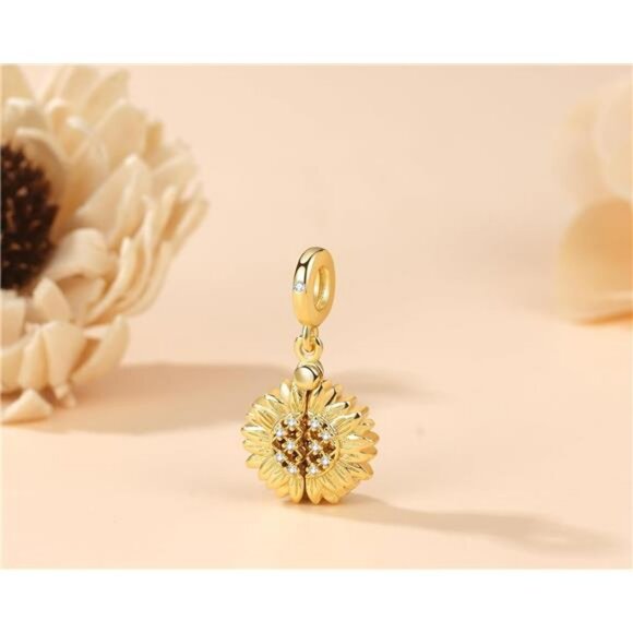 Sunflower dangle charm for bracelet gold plated zircon fit pandora jewelry gift - Picture 3 of 8